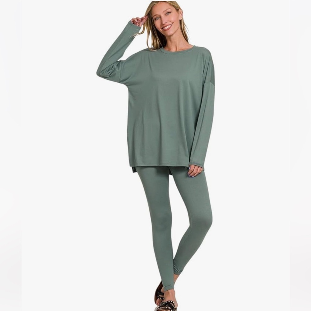Zenana lounge all day crew long sleeve brushed microfiber set ash jade xl